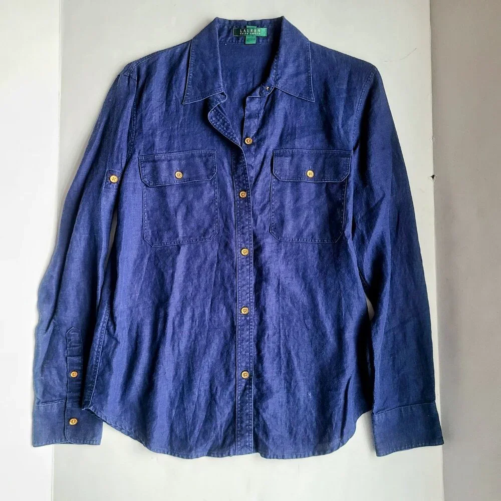 Lauren Ralph Lauren Navy Blue Linen Long Sleeve Button Down Shirt Size Medium - Picture 6 of 13